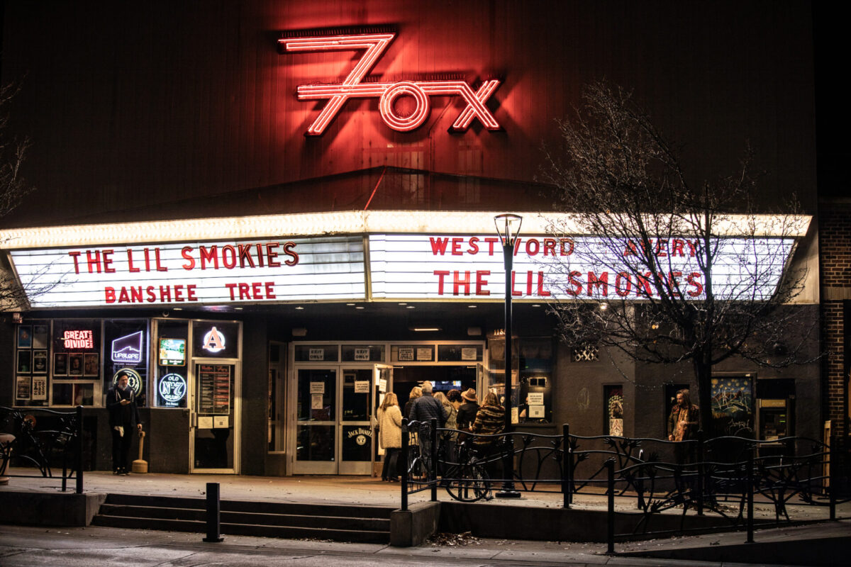 Fox Theatre marquee, The Lil Smokies, Nov 19, 2021, Fox Theatre, Boulder, CO. Photo by Mitch Kline.