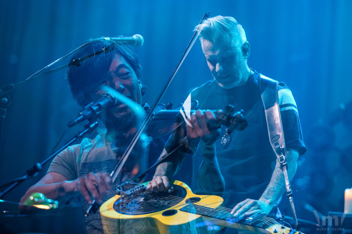 Michael Kang and Andy Hall double exposure, The String Cheese Incident, Nov 24, 2021, Mission Ballroom, Denver, CO. Photo by Mitch Kline.