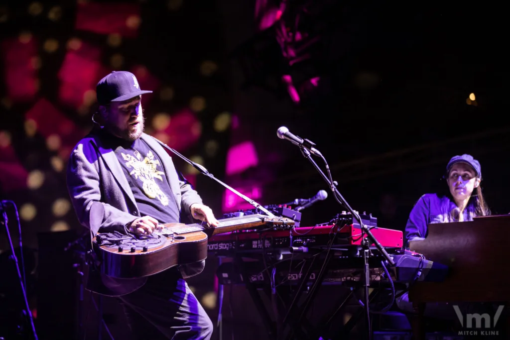 Anders Beck and Holly Bowling, Greensky Bluegrass, Sept 16, 2022, Red Rocks Amphitheatre, Morrison, CO. Photo by Mitch Kline.