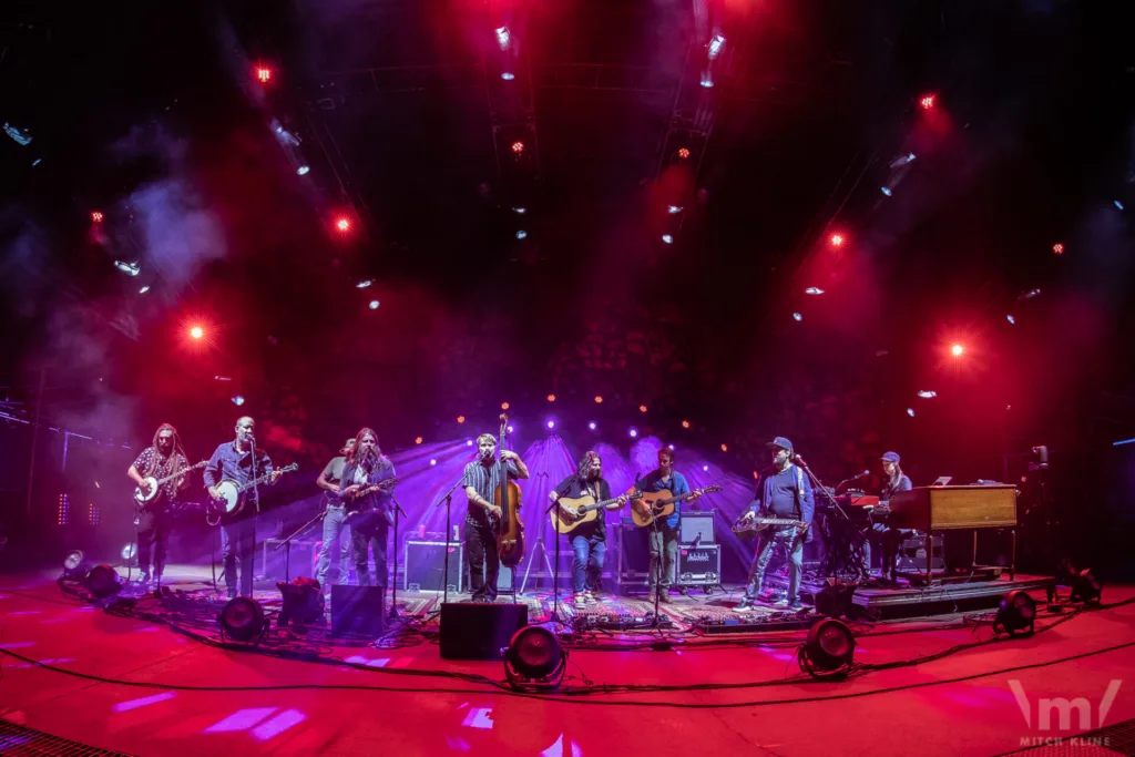 Greensky Bluegrass with members of Kitchen Dwellers sitting in, Sept 17, 2022, Red Rocks Amphitheatre, Morrison, CO. Photo by Mitch Kline.